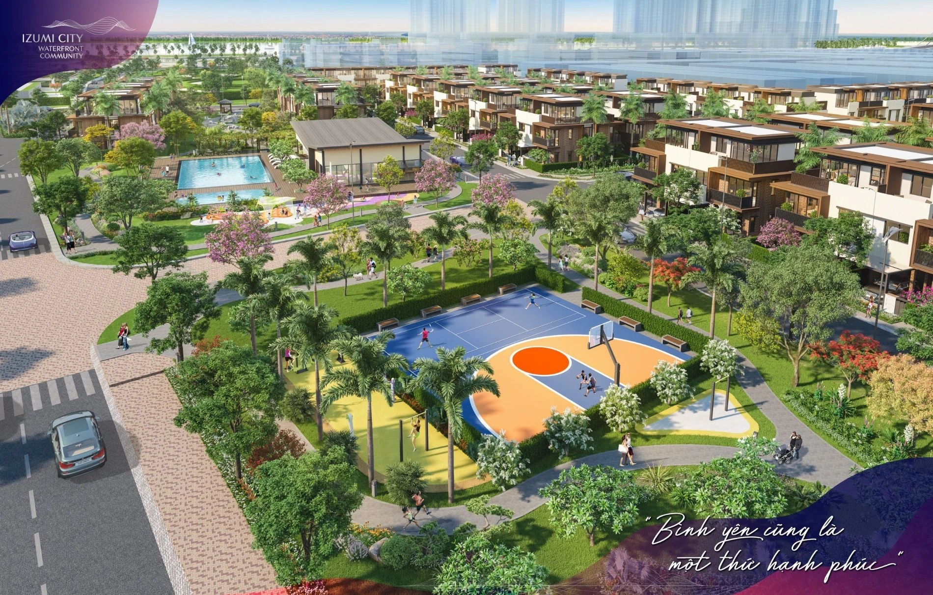 Thanh niên đang chơi bóng rổ tại sân thể thao ngoài trời Izumi City
