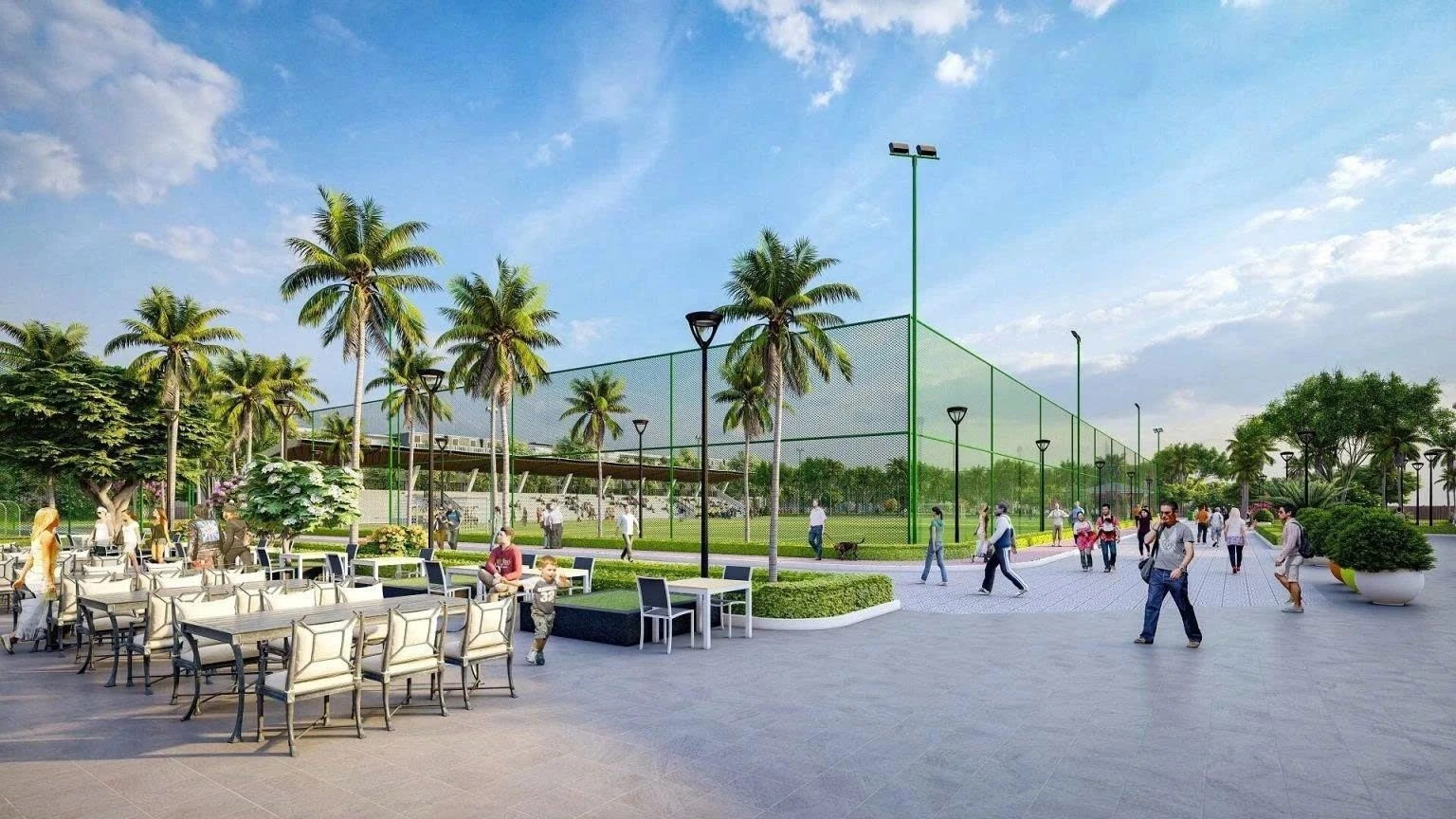 Sân tennis tiêu chuẩn quốc tế liền kề khu vực thư giãn ngoài trời tại Nam Hòa Xuân.