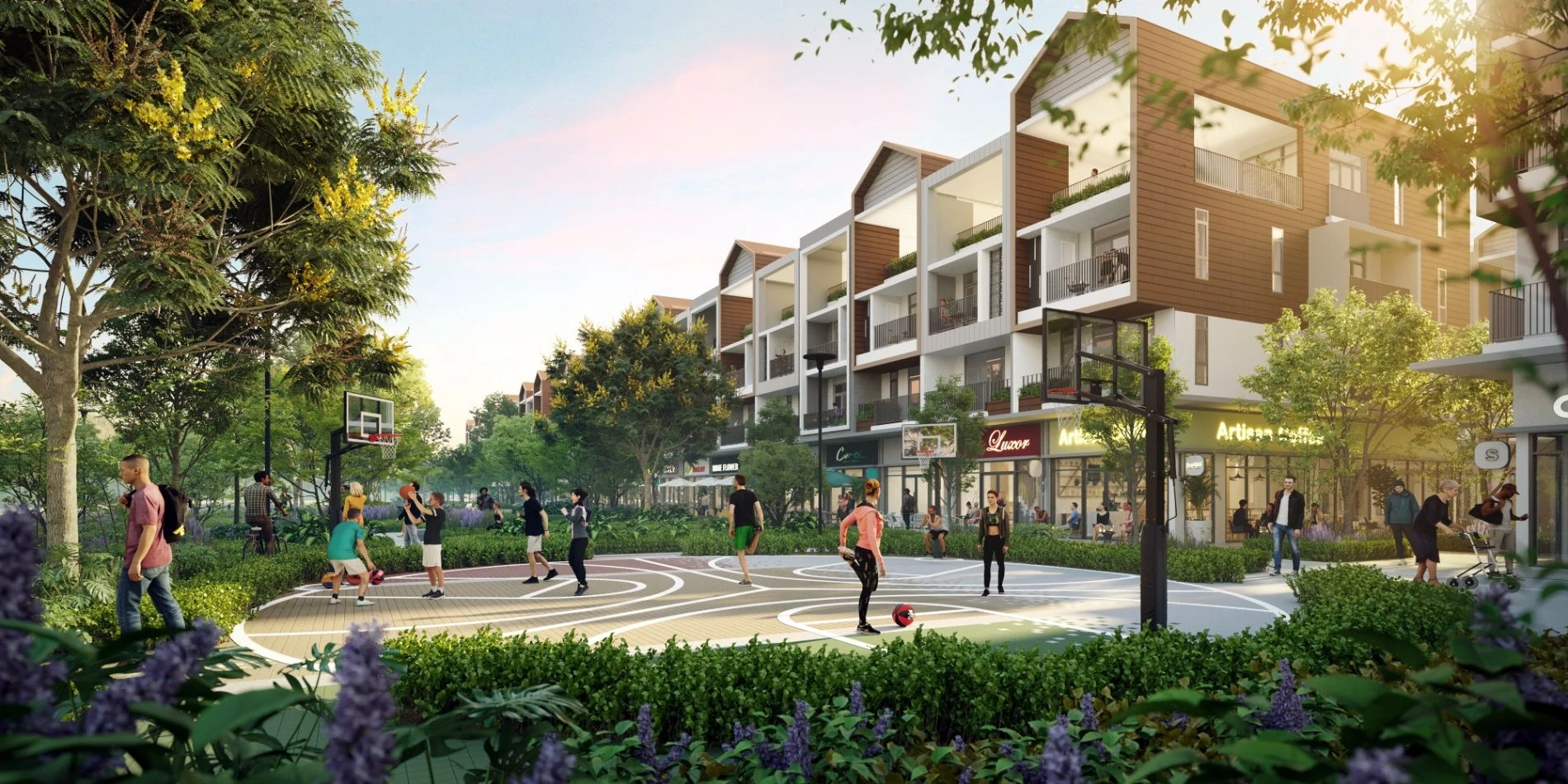Cư dân trẻ tham gia hoạt động thể thao tại sân bóng rổ ngoài trời của dự án Artisan Park