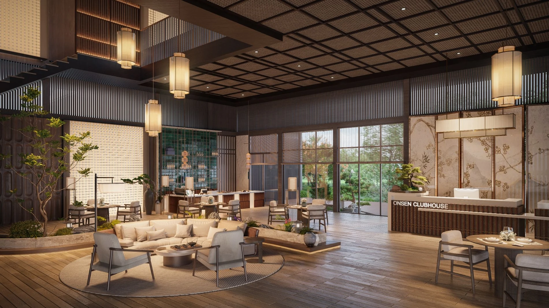 Không gian nội thất sảnh đón khách rộng lớn và sang trọng bên trong Onsen Clubhouse