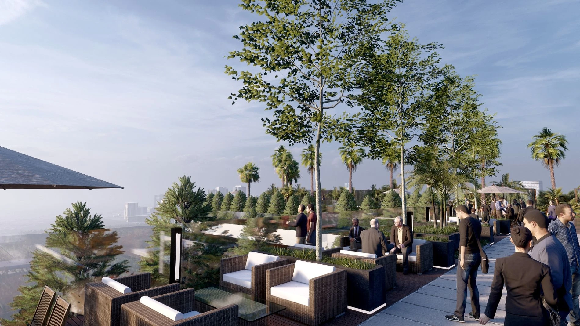 Khu vườn trên cao Sky Garden với nhiều cây xanh và ghế ngồi thư giãn tại Sunshine Horizon