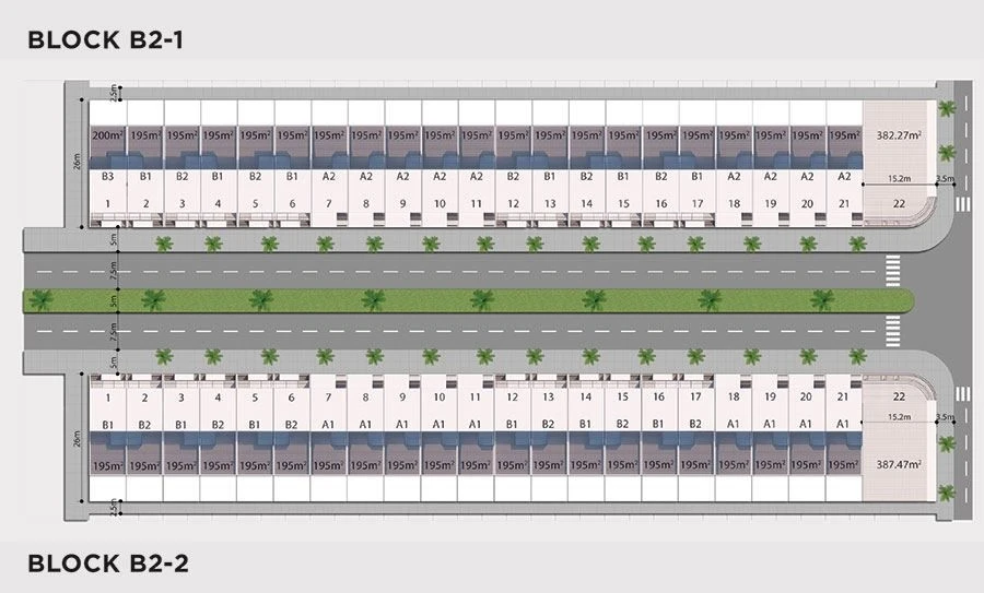 Sơ đồ mặt bằng phân lô chi tiết block B2-1 và B2-2 dự án Nam Hòa Xuân