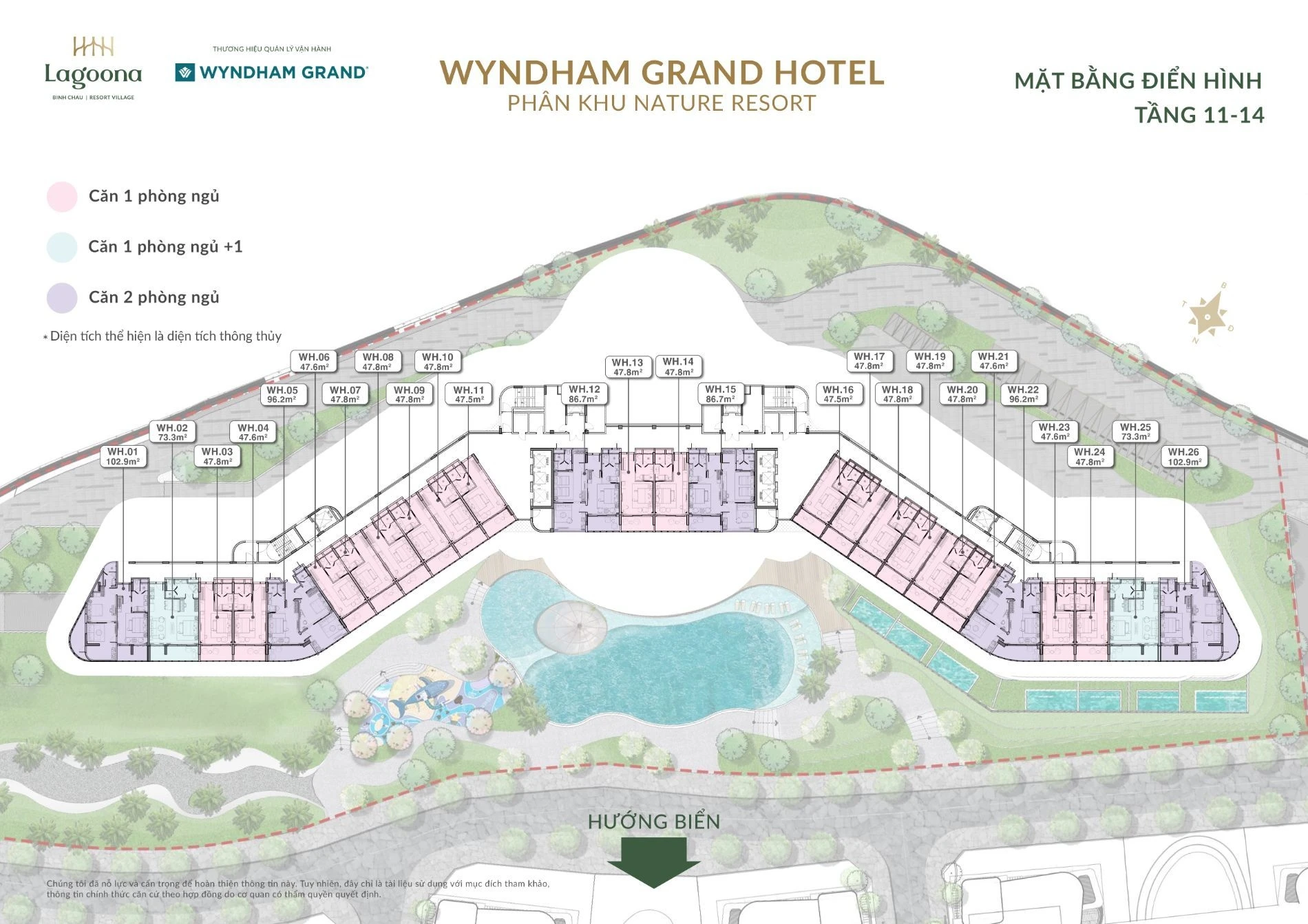 Sơ đồ bố trí căn hộ tầng 11 đến 14 tháp khách sạn Wyndham Grand Hotel