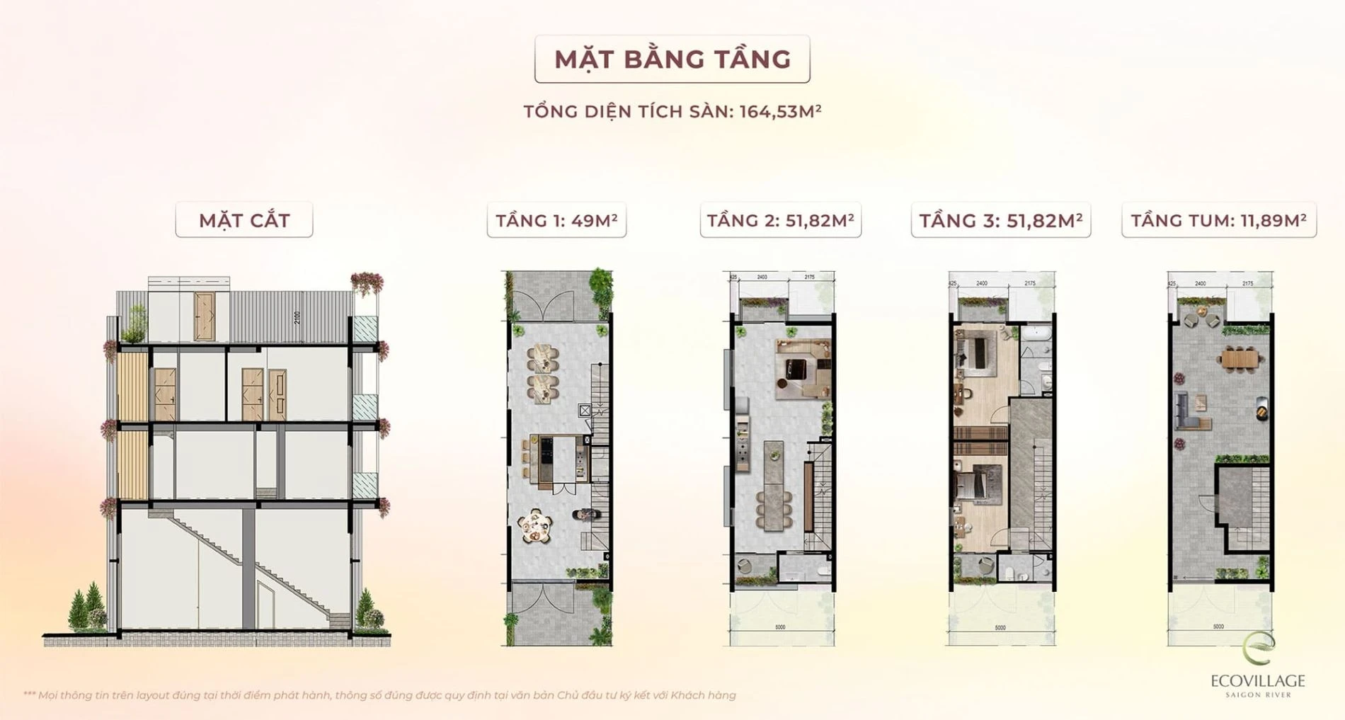 Sơ đồ bố trí mặt bằng các tầng của nhà phố River Townhouse diện tích sàn 164.53m2