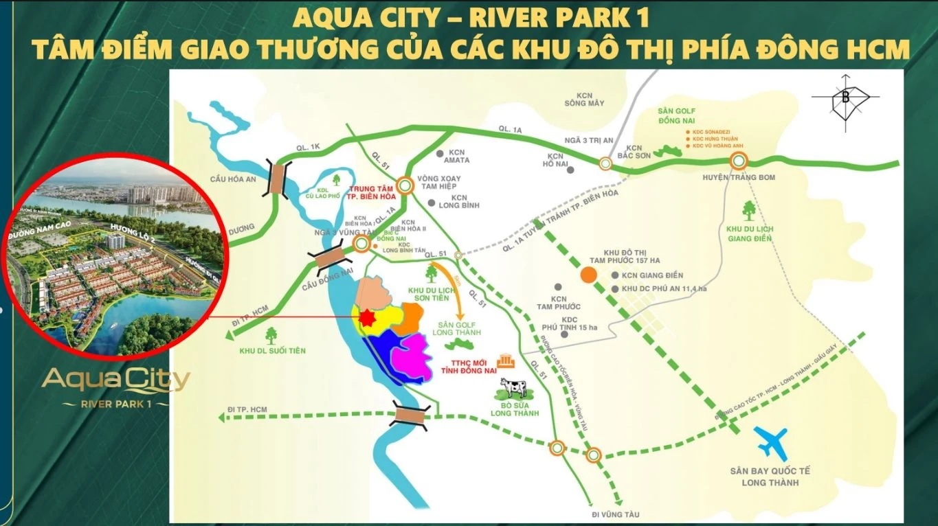 Bản đồ vị trí phân khu River Park 1 Aqua City kết nối với các tuyến giao thông huyết mạch tại Đồng Nai