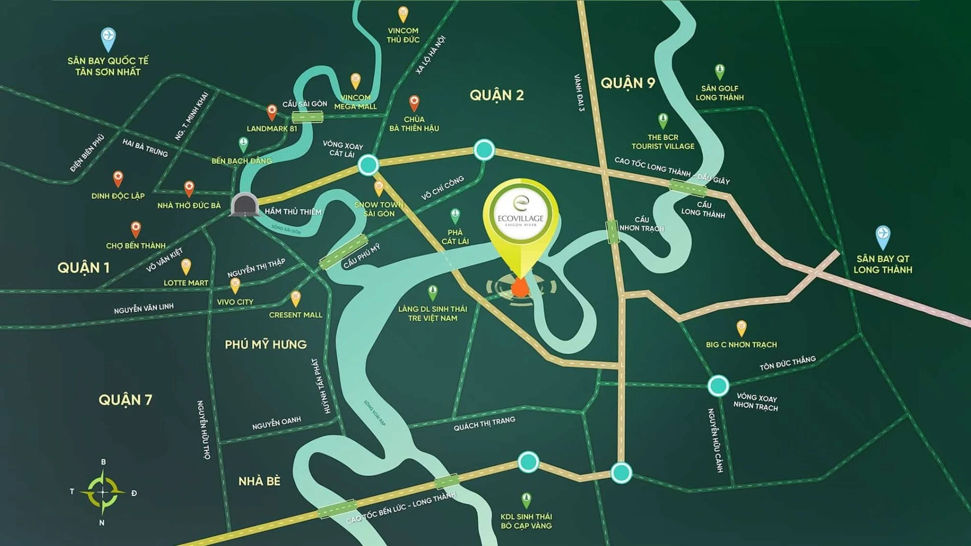 Bản đồ thể hiện vị trí dự án Eco Village Saigon River kết nối với các tuyến đường huyết mạch như Vành đai 3 và cao tốc Bến Lức Long Thành