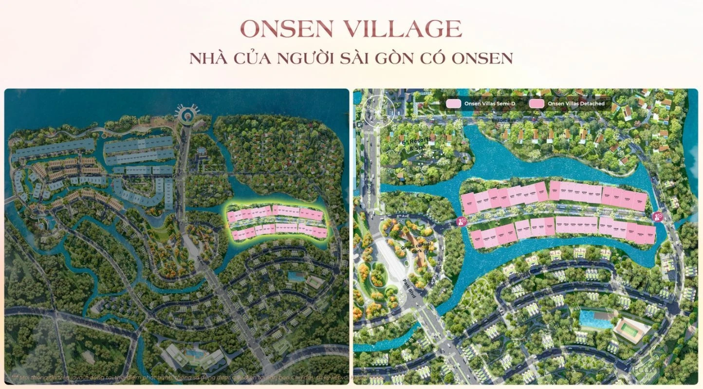 Bản đồ thể hiện vị trí phân khu Onsen Village kết nối với các tiện ích biểu tượng tại Eco Village Saigon River