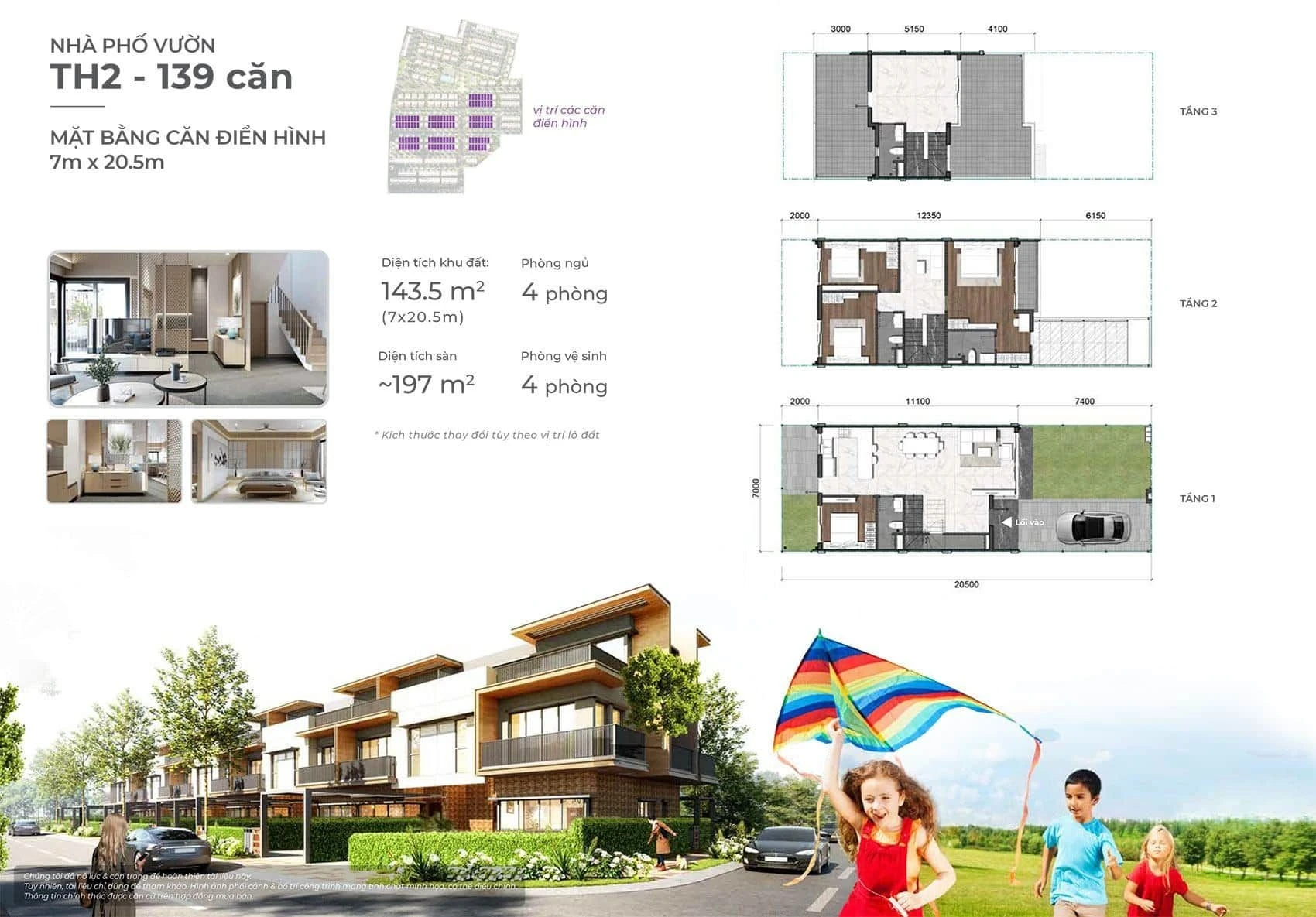 Sơ đồ mặt bằng nhà phố TH2 căn điển hình kích thước 7x20.5m