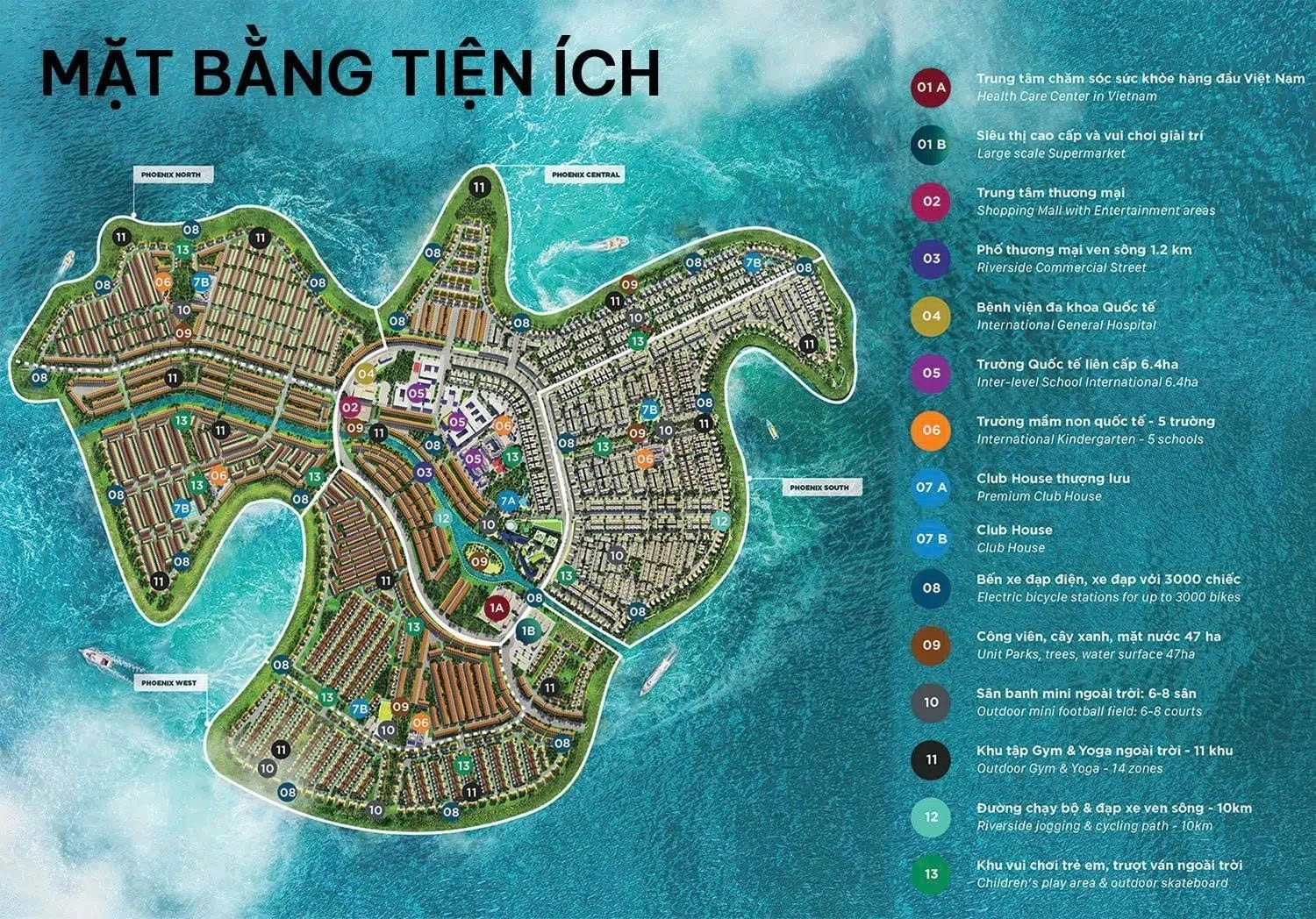 Bản đồ phân bổ hệ thống tiện ích nội khu tại Đảo Phượng Hoàng Aqua City