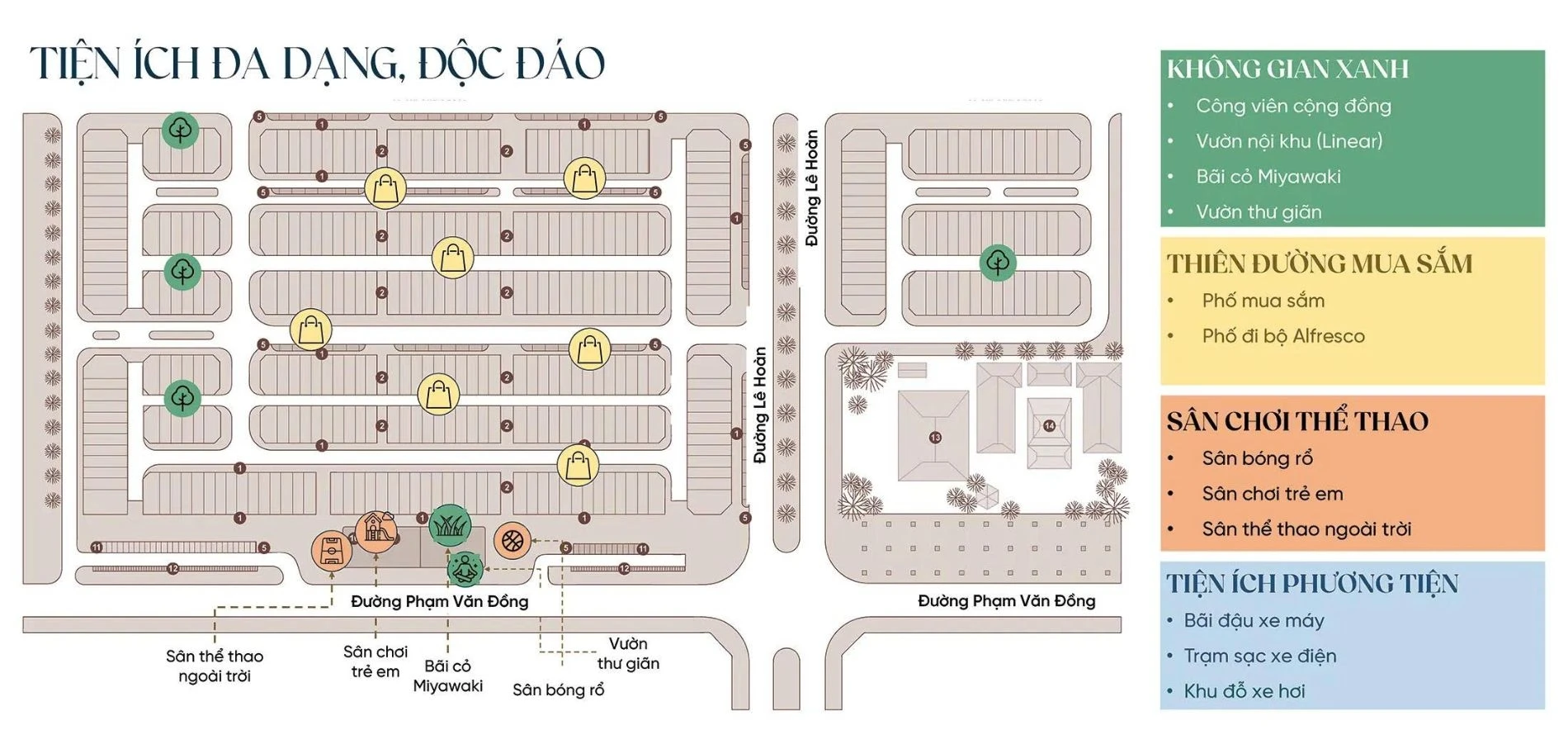 Sơ đồ mặt bằng tổng thể thể hiện vị trí các tiện ích nội khu tại dự án Artisan Park Bình Dương