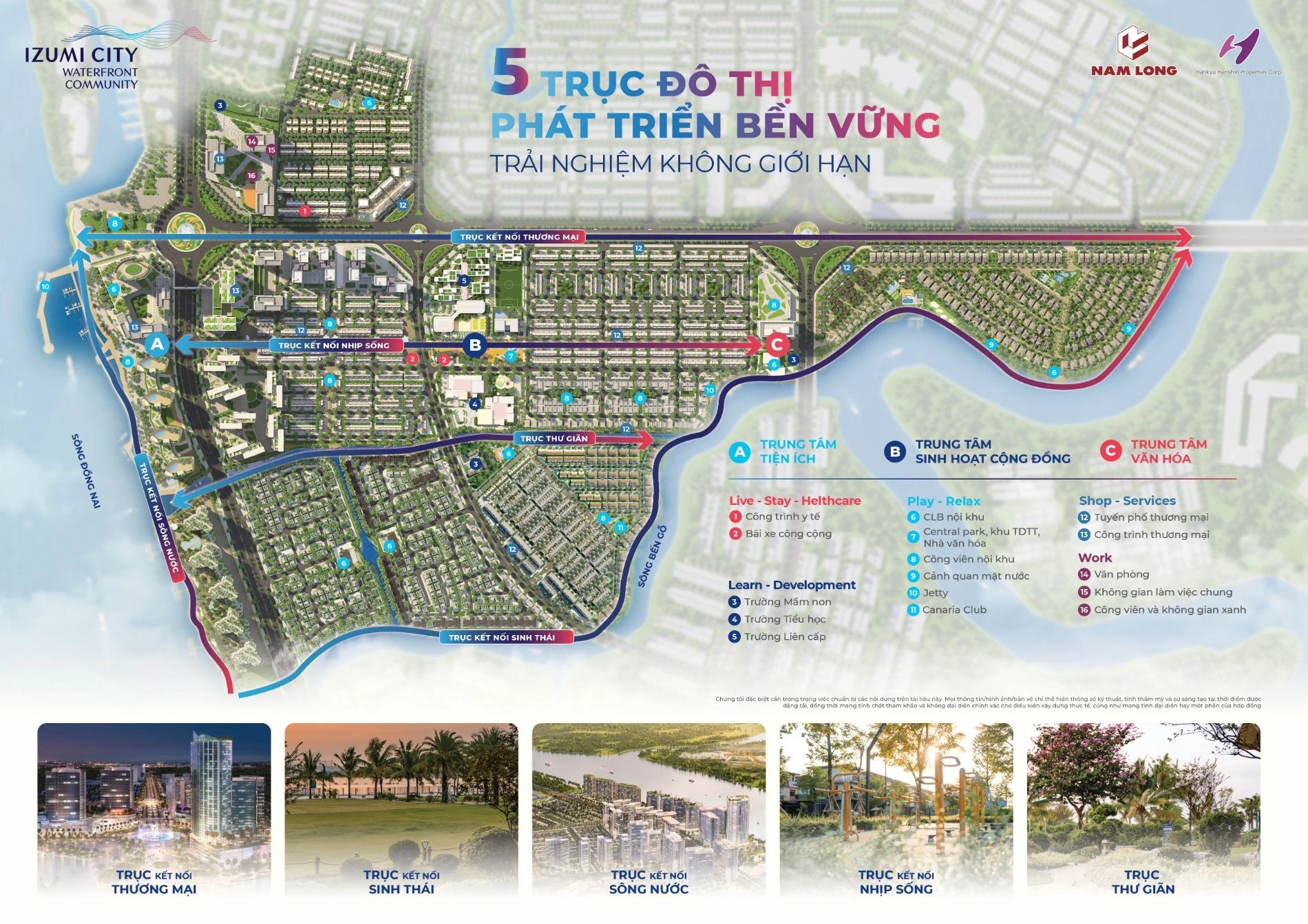 Bản đồ quy hoạch tổng thể 5 trục đô thị và hệ thống tiện ích tại Izumi City