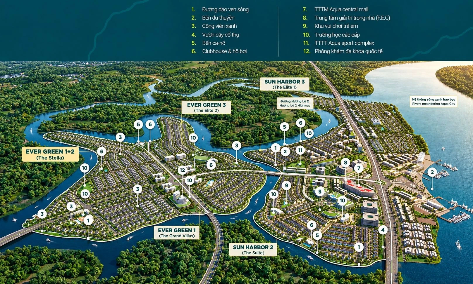 Sơ đồ quy hoạch tổng thể mặt bằng và hệ thống tiện ích phân khu Ever Green 3 Aqua City