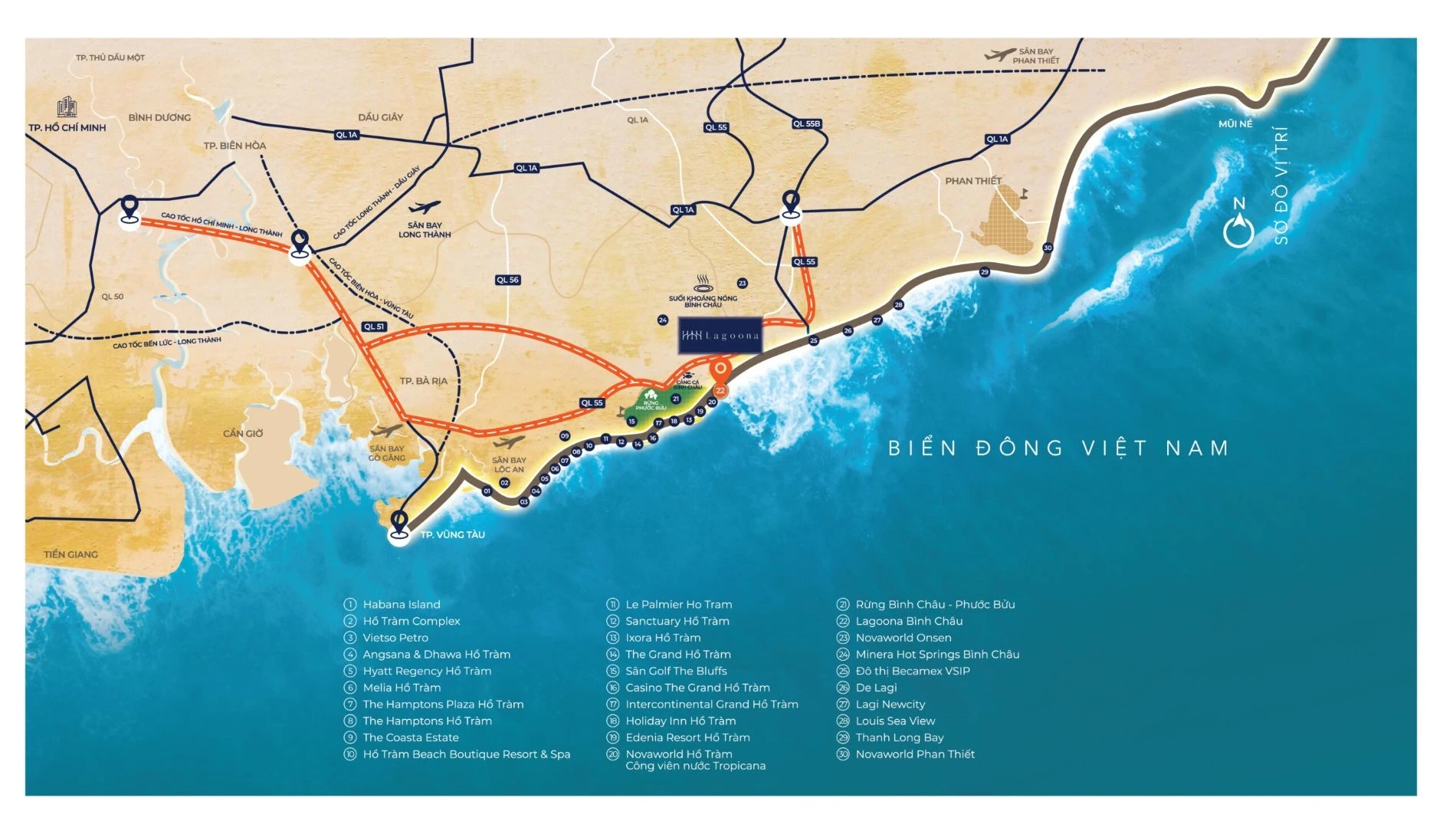 Bản đồ vị trí dự án Wyndham Grand Lagoona Bình Châu kết nối với các tuyến đường huyết mạch
