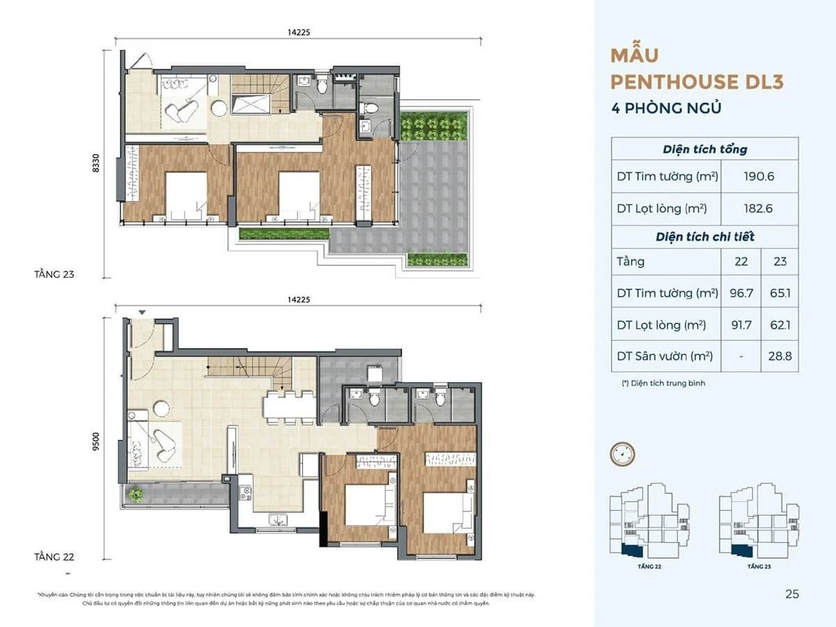 Bản vẽ chi tiết căn Penthouse 4 phòng ngủ loại DL3 diện tích 190.6 m2 dự án Precia