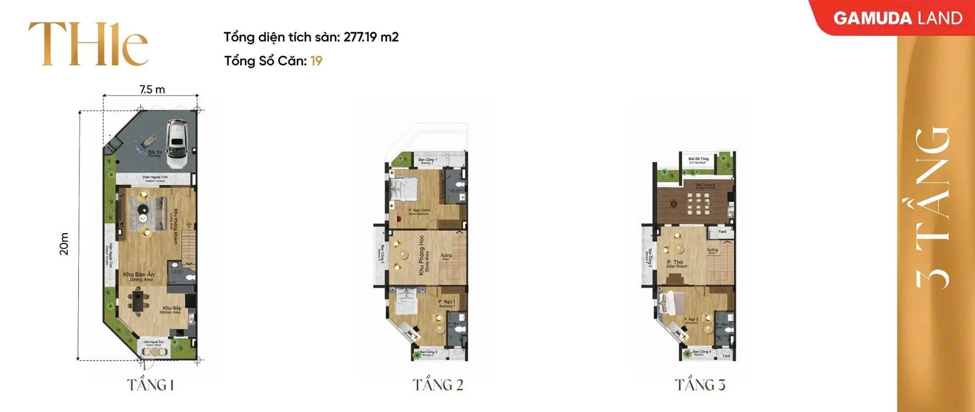 Layout thiết kế mặt bằng các tầng của mẫu shophouse TH1e diện tích 277.19 m2