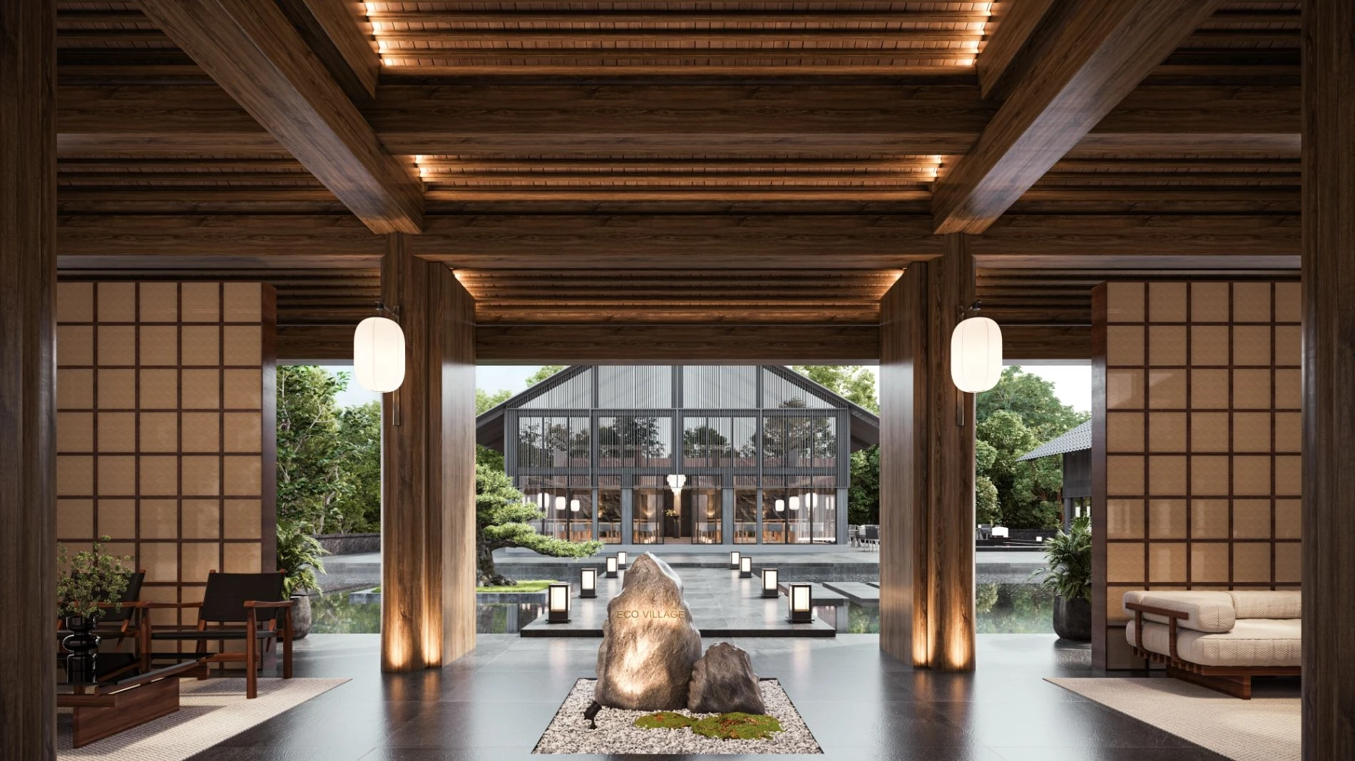 Không gian sảnh chính rộng lớn với thiết kế đối xứng tại khu nghỉ dưỡng Eco Village