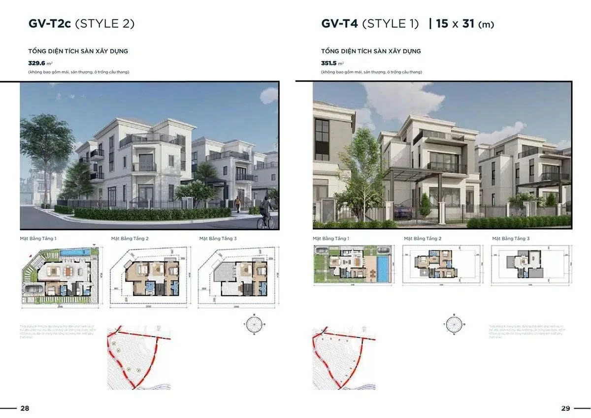 So sánh mặt bằng biệt thự GV-T2c Style 2 và dòng biệt thự diện tích lớn GV-T4 Style 1.
