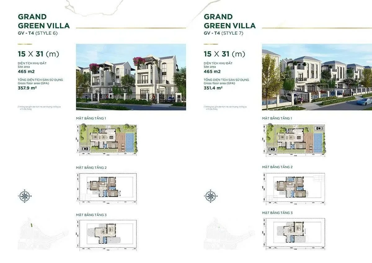 Thiết kế mặt bằng biệt thự đơn lập Grand Green Villa 15x31m phong cách 6 và 7