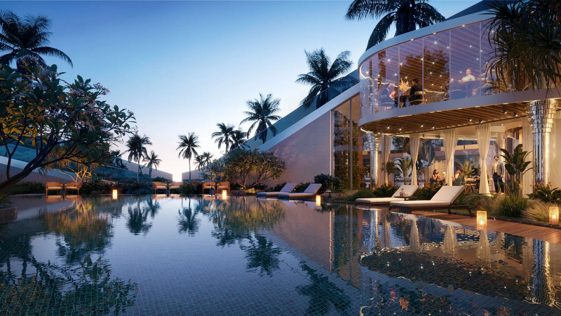 Hồ bơi vô cực tại Clubhouse phản chiếu ánh sáng hoàng hôn rực rỡ