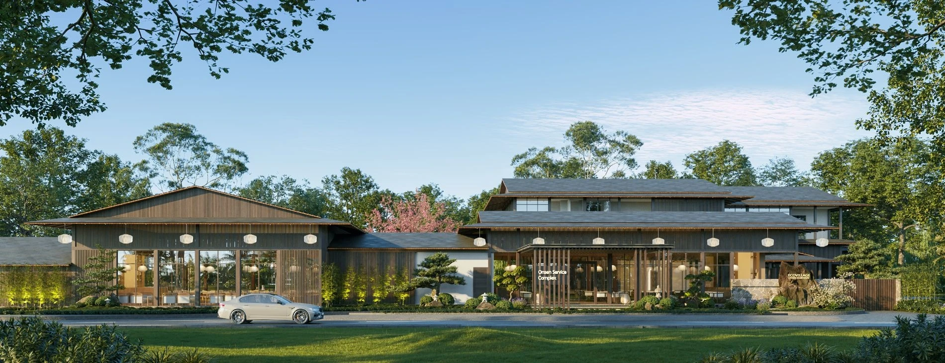 Góc nhìn chi tiết kiến trúc mặt ngoài của tổ hợp Onsen Clubhouse