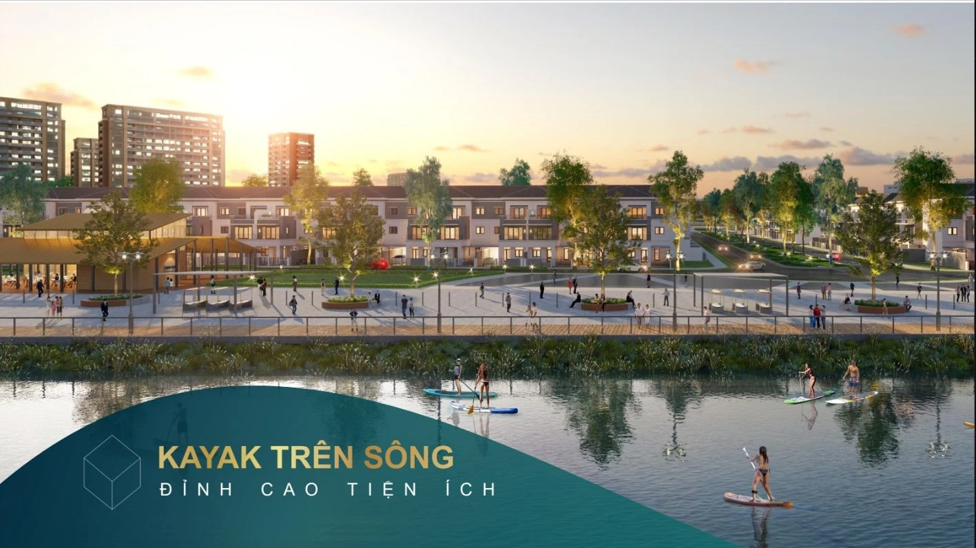 Cư dân chèo thuyền kayak và ván chèo đứng SUP trên dòng sông êm đềm tại Aqua City
