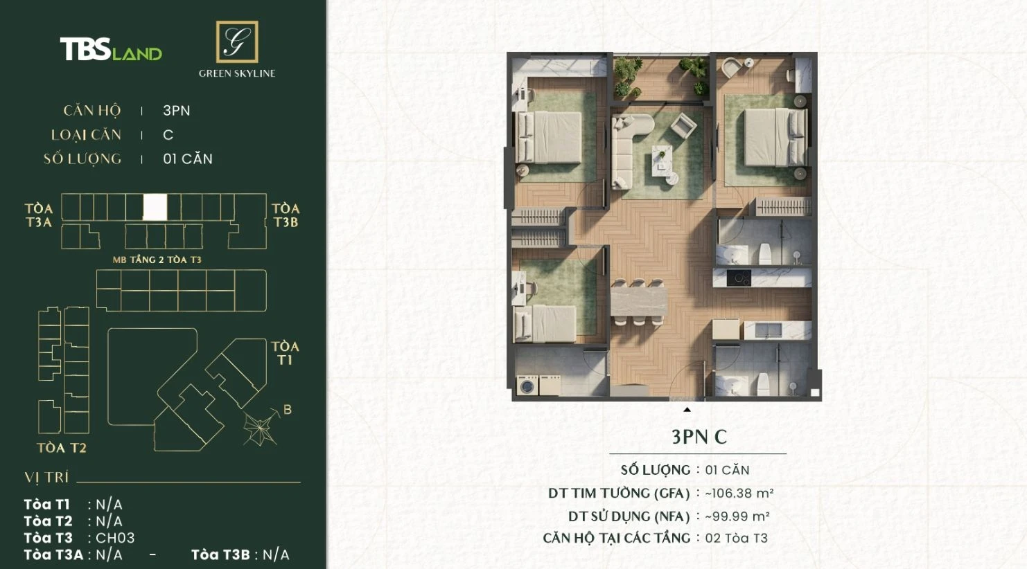 Sơ đồ mặt bằng căn hộ 3 phòng ngủ loại C dự án Green Skyline