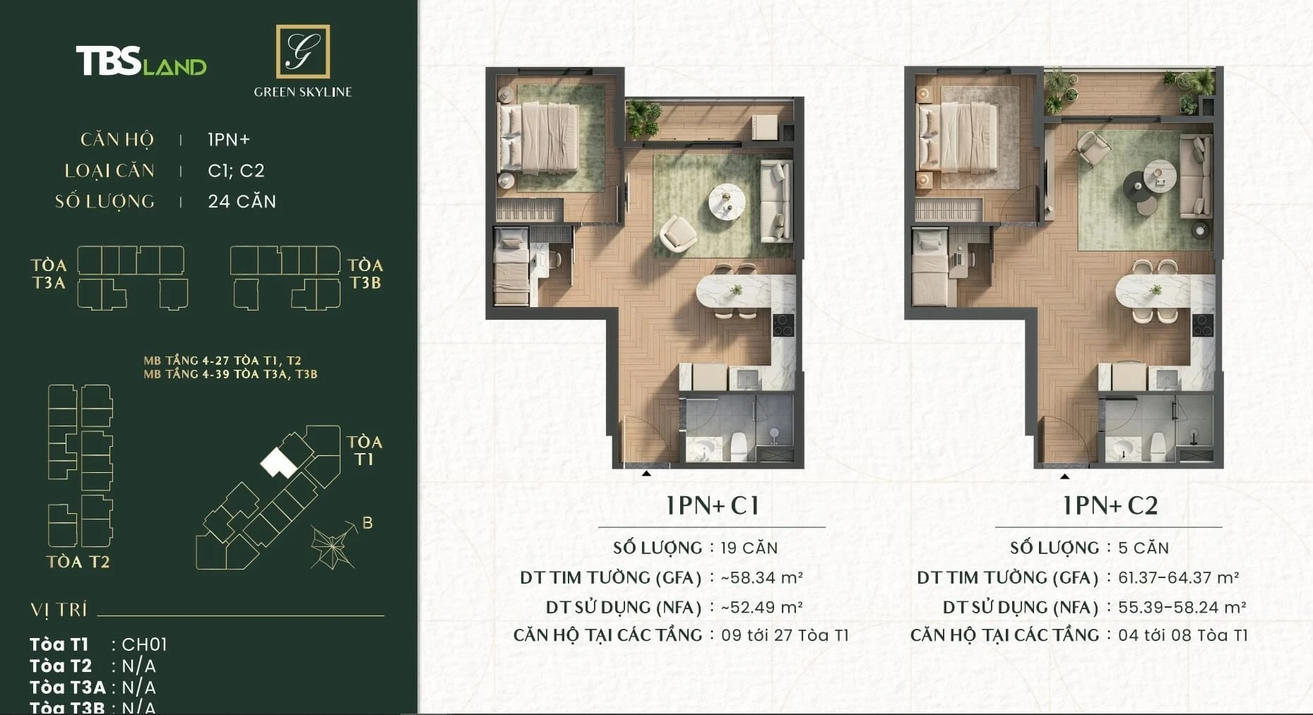 Bản vẽ chi tiết không gian căn hộ 1 phòng ngủ cộng loại C1 và C2