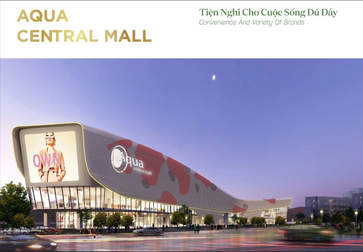 Thiết kế mặt ngoài hiện đại của trung tâm thương mại Aqua Central Mall tại Aqua City