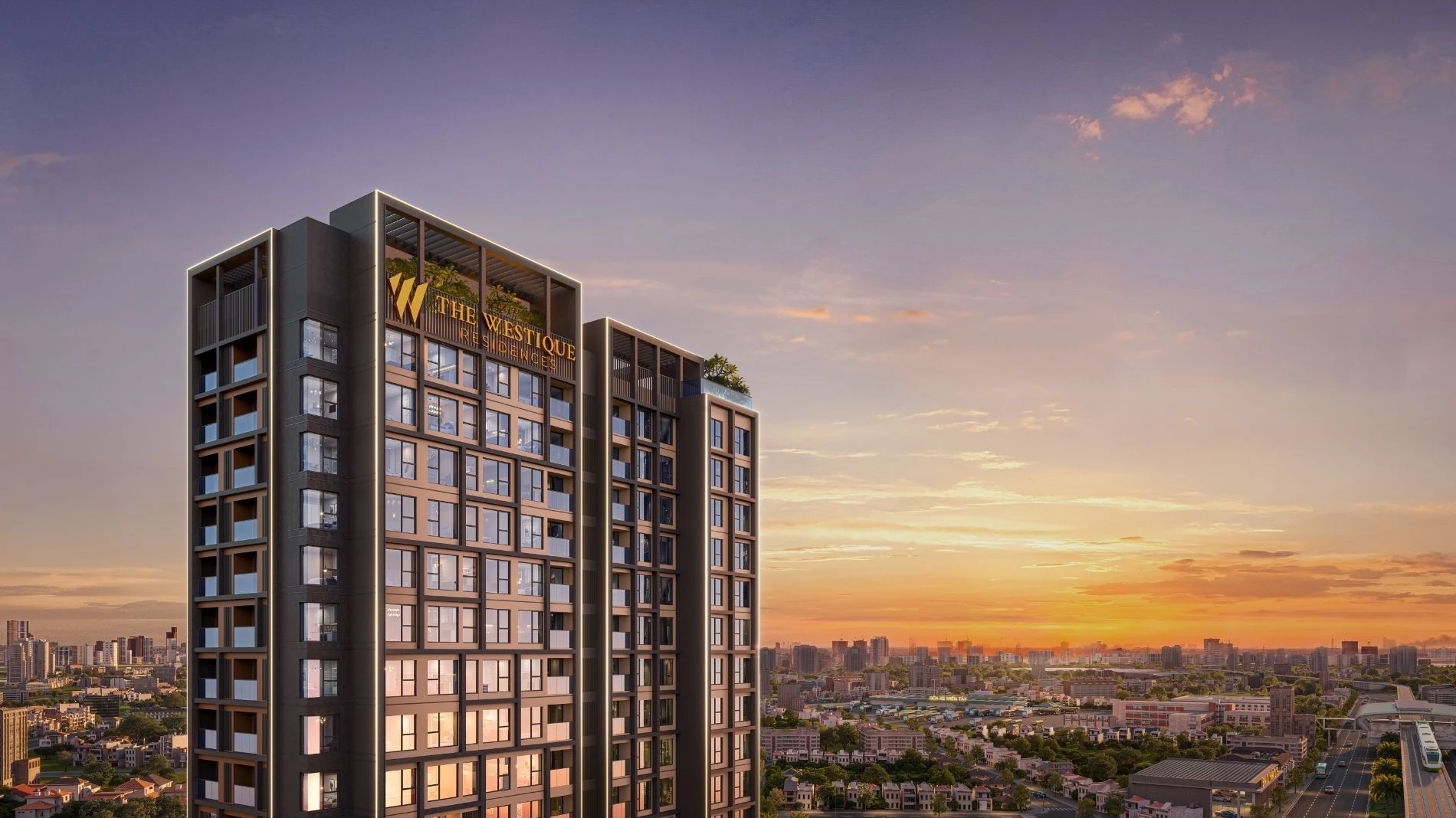 Toàn cảnh dự án The Westique Residences nhìn từ trên cao dưới ánh hoàng hôn.
