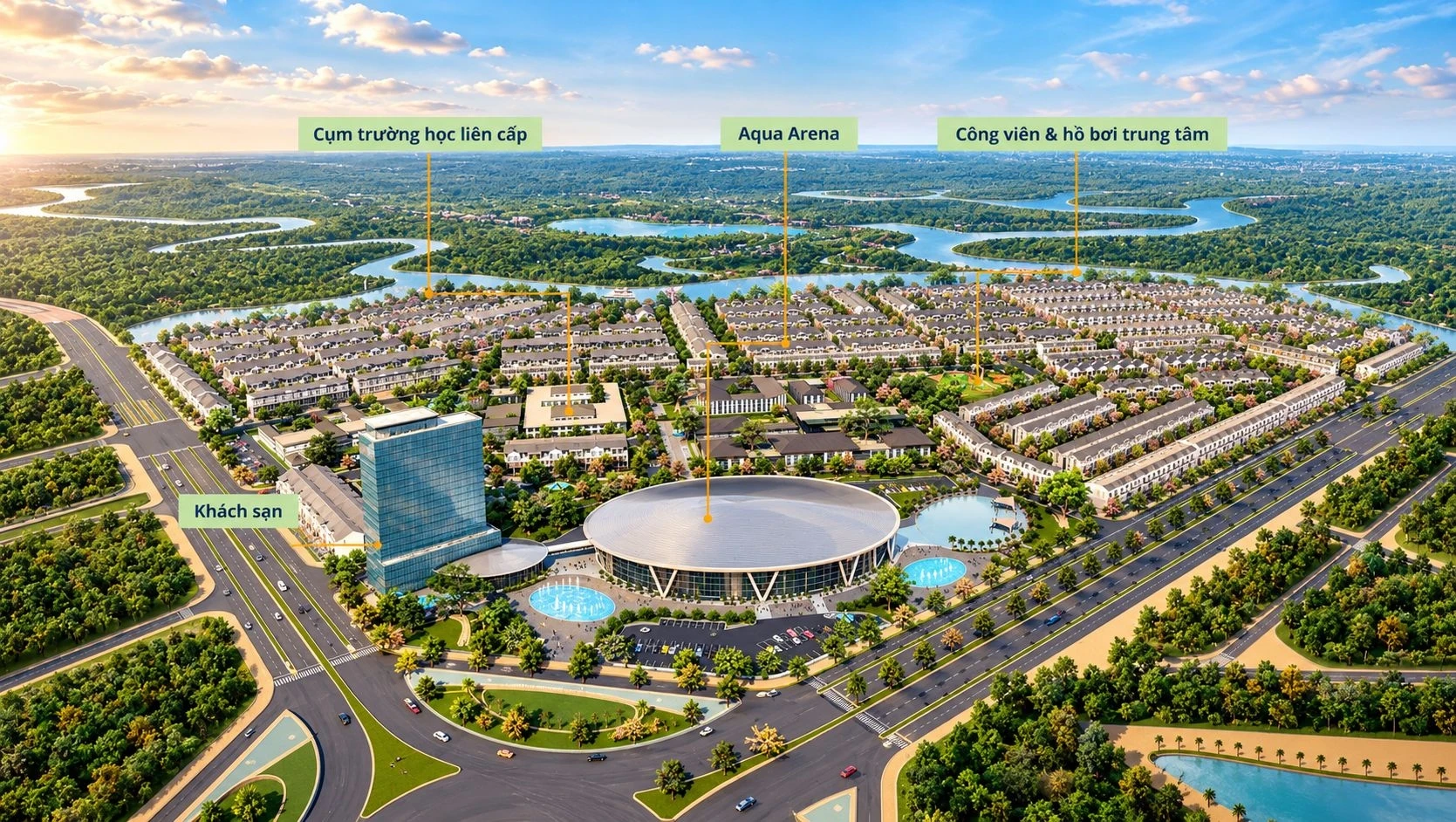 Phối cảnh tổng thể phân khu River Park 2 Aqua City The Valencia quy mô 64.5ha với tâm điểm là trung tâm phức hợp Aqua Arena và khách sạn Novotel.