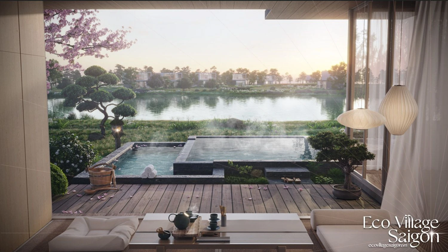Tầm nhìn từ hồ bơi khoáng nóng riêng tư của biệt thự Eco Village Saigon River