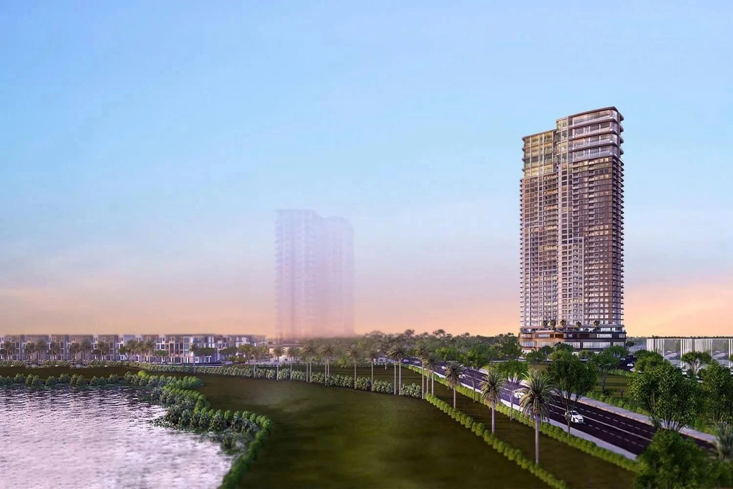 Tòa tháp căn hộ The 9 Stellars với tầm nhìn trực diện ra hồ sinh thái rộng lớn