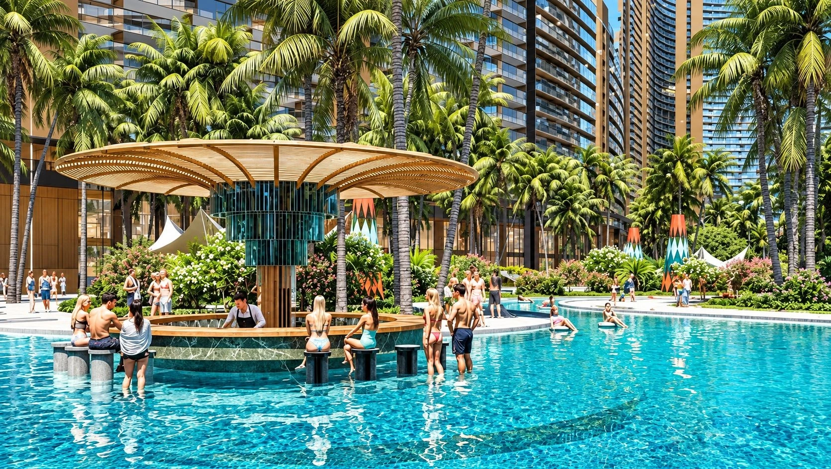 Hồ bơi phong cách resort 6 sao và quầy bar sang trọng tại dự án căn hộ Noble Crystal Riverside Quận 7 đường Đào Trí