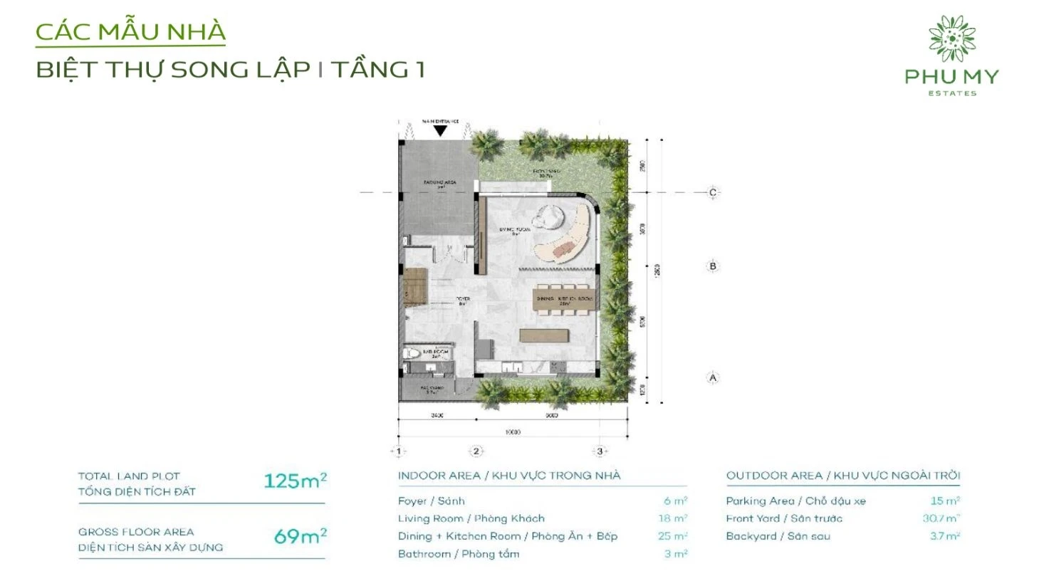 Bố trí công năng tầng trệt biệt thự song lập dự án Phú Mỹ Estates