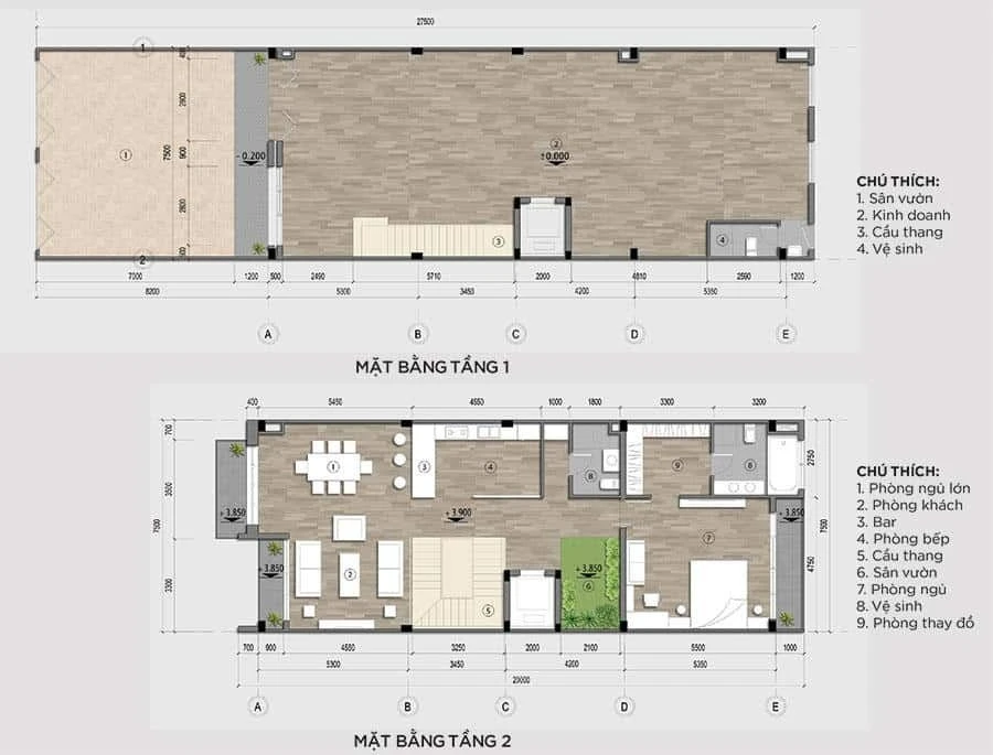 Layout thiết kế công năng mặt bằng tầng 1 và tầng 2 của nhà phố mái thái