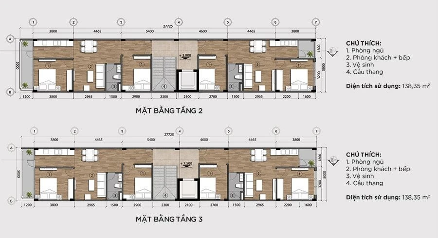 Layout thiết kế công năng mặt bằng tầng 2 và tầng 3 của nhà phố 5 tầng