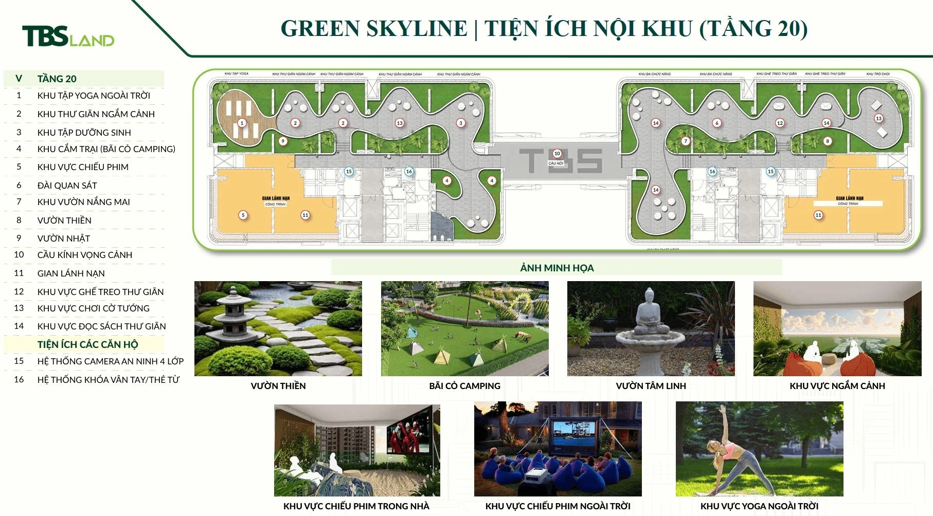 Bản vẽ mặt bằng tiện ích tầng 20 với không gian xanh và khu vực ngắm cảnh