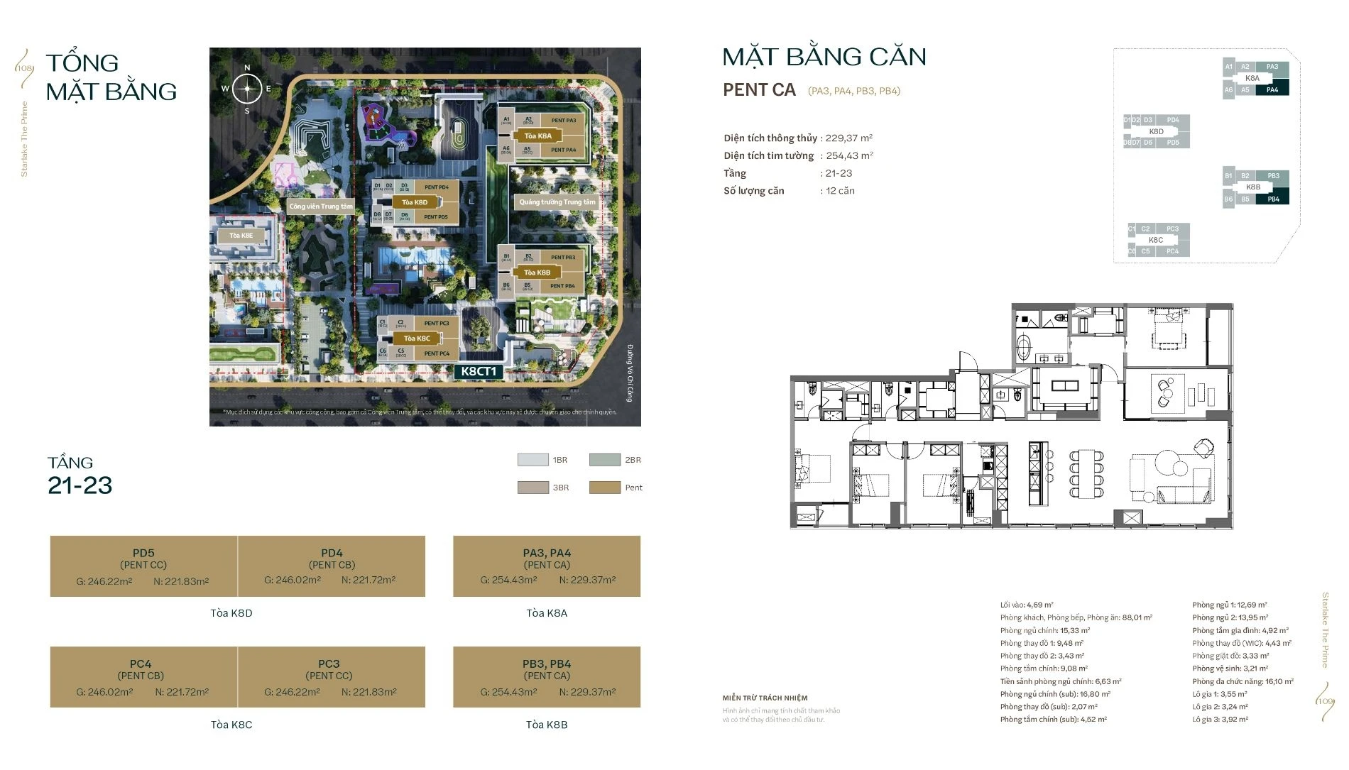 Quy hoạch mặt bằng tầng 21 đến 23 dành cho bộ sưu tập Penthouse và chi tiết thiết kế căn Pent CA
