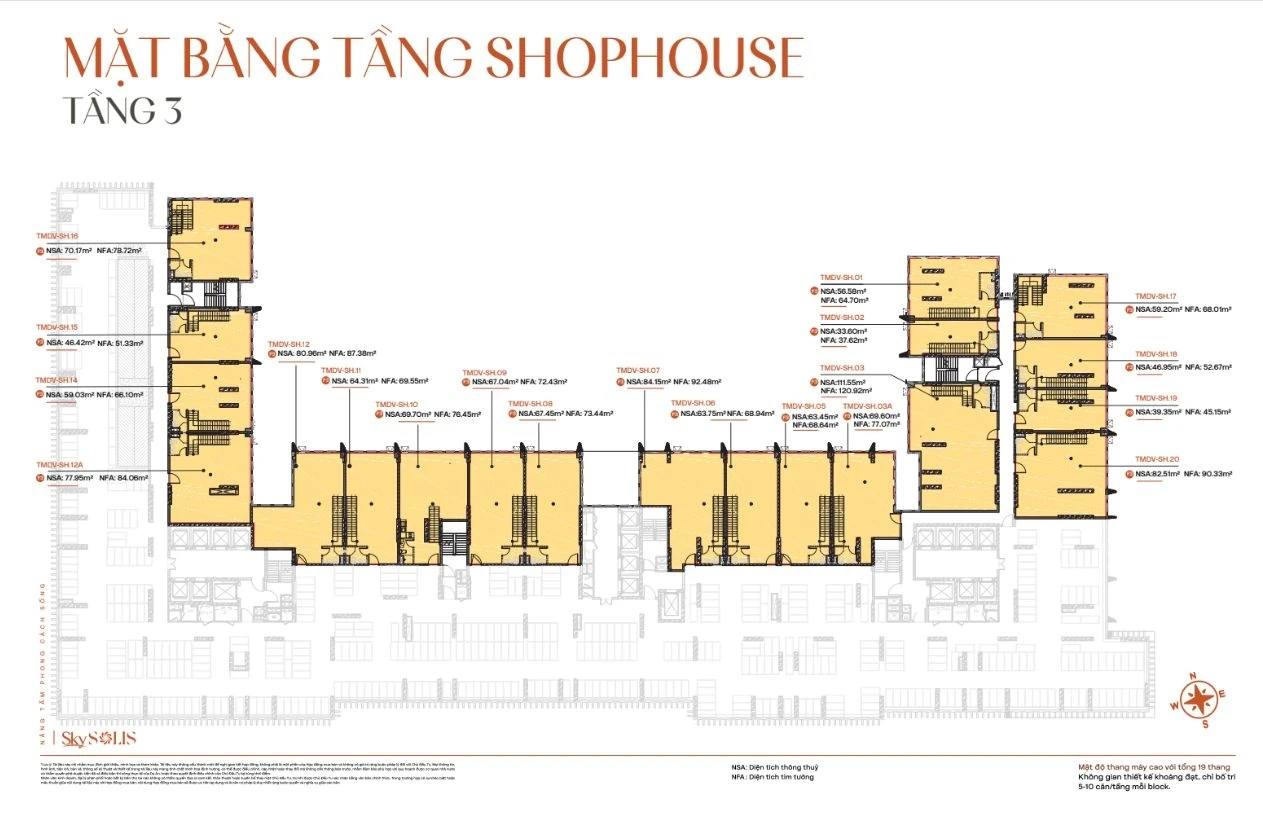 Mặt bằng shophouse tầng 3 Sky Solis Bình Dương kết nối trực tiếp chuỗi tiện ích