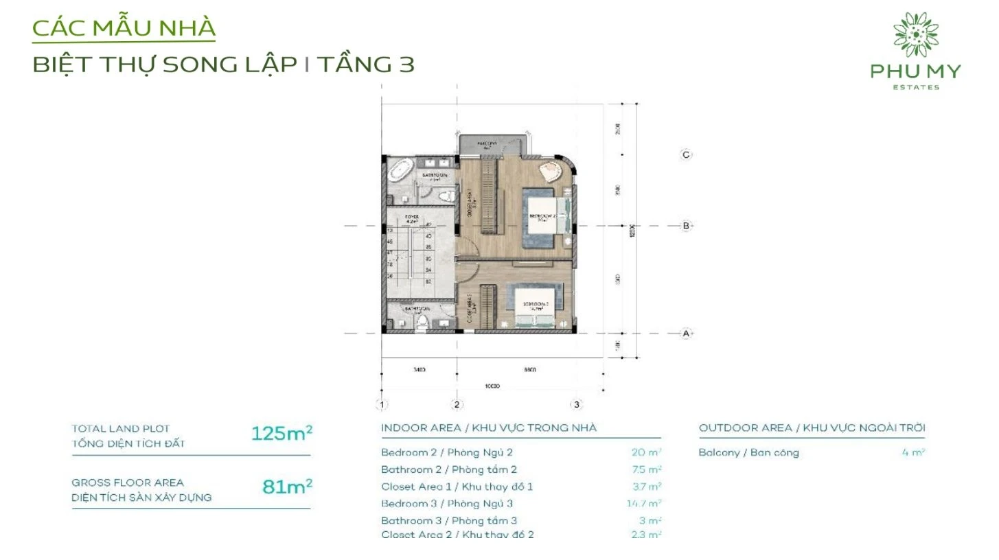 Bố trí công năng tầng 3 biệt thự song lập dự án Phú Mỹ Estates