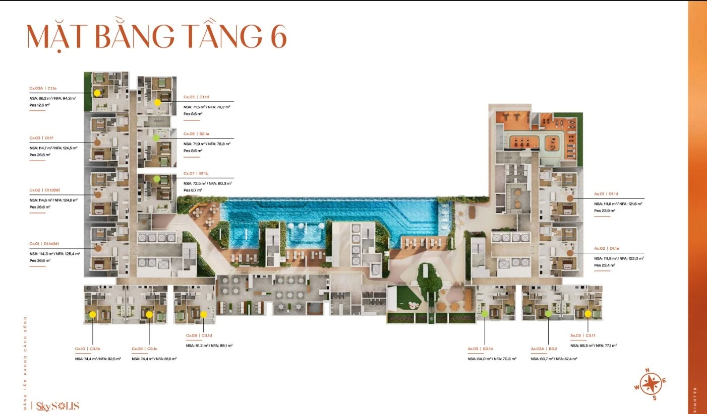 Mặt bằng tầng 6 dự án Sky Solis Bình Dương nổi bật với khu vực hồ bơi trung tâm