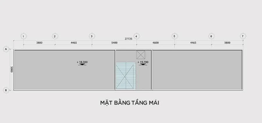 Sơ đồ thiết kế mặt bằng tầng mái của mẫu nhà phố 5 tầng
