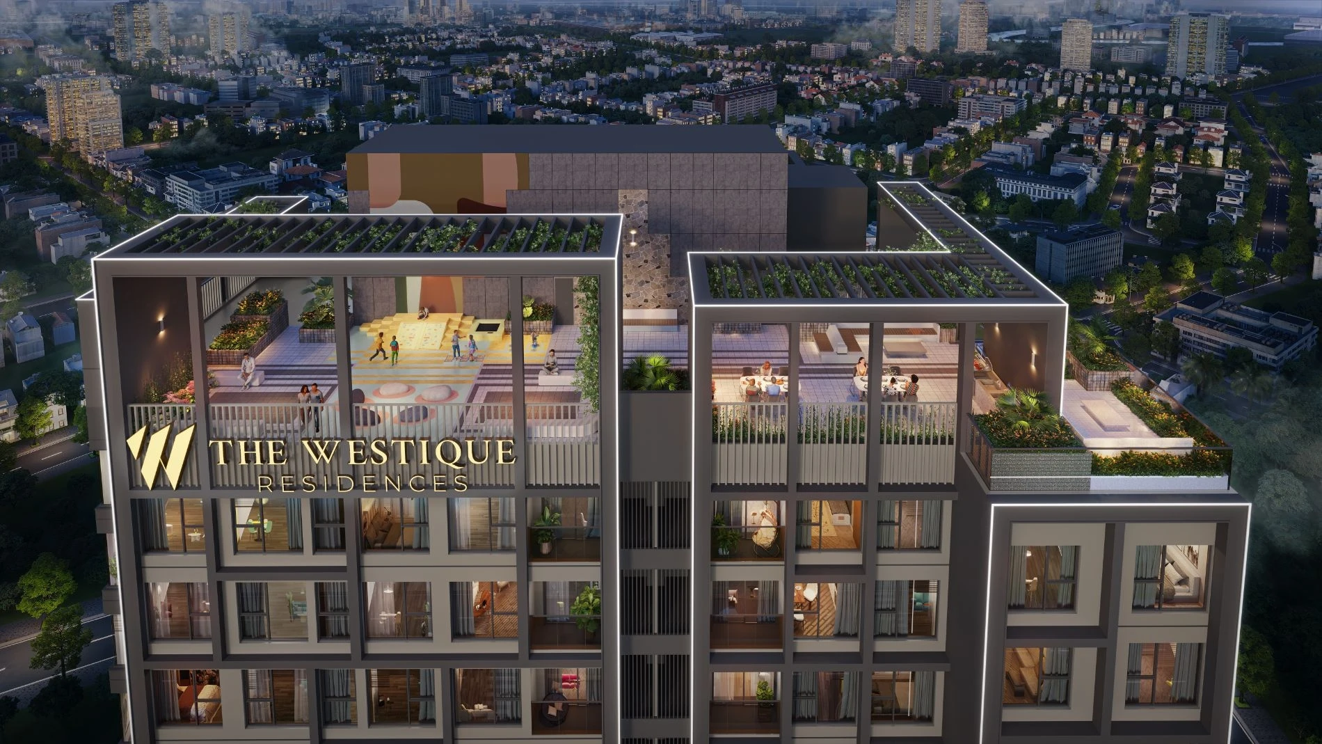 Các hoạt động giải trí và thư giãn trên tầng thượng The Westique Residences vào ban đêm.