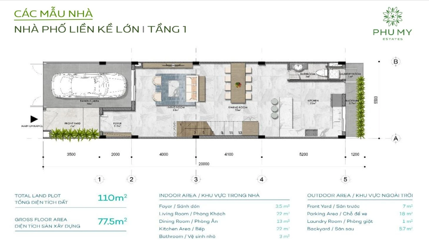 Bố trí công năng tầng trệt nhà phố liền kề lớn dự án Phú Mỹ Estates