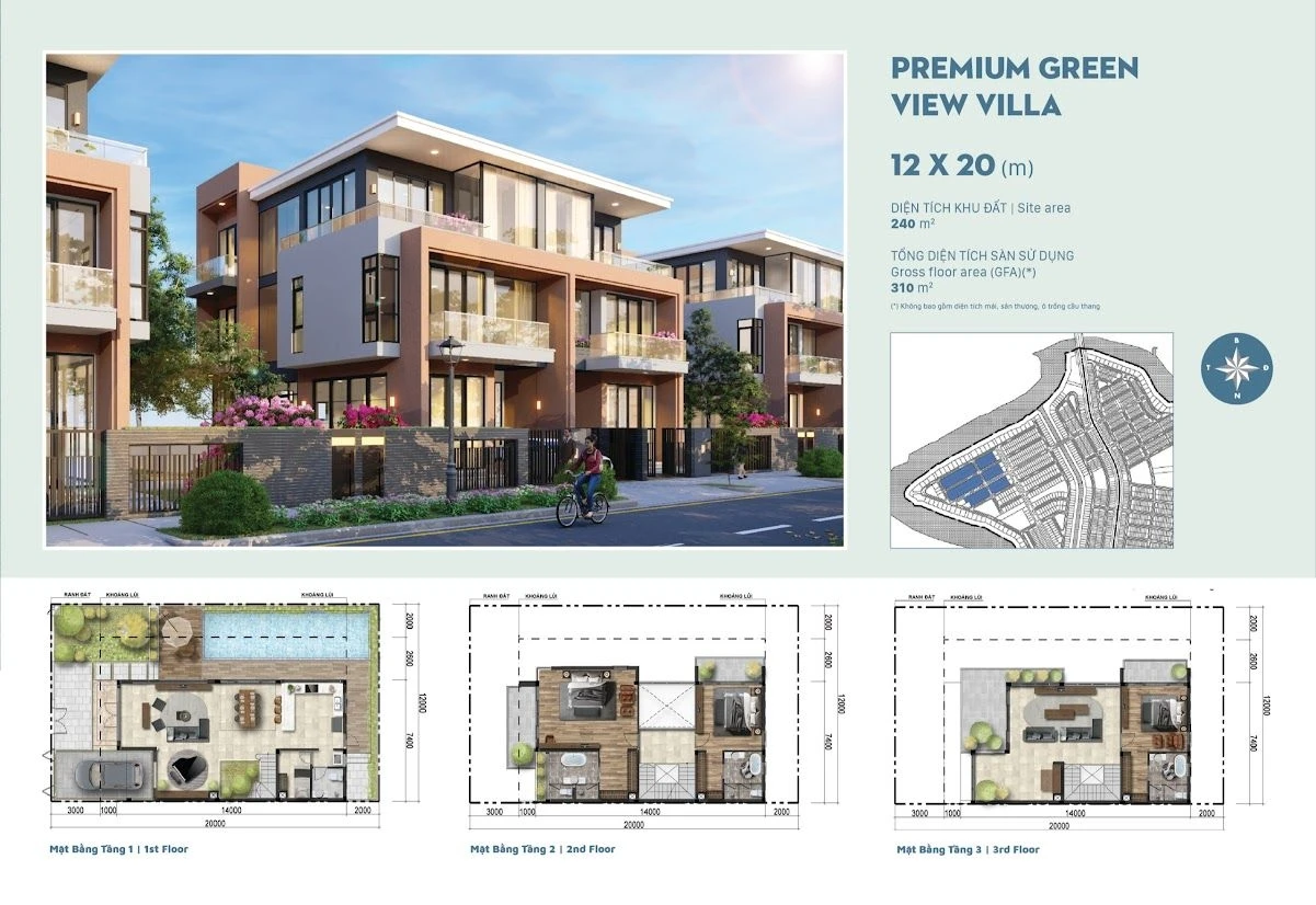 Phối cảnh và mặt bằng biệt thự Premium Green View Villa 12x20m