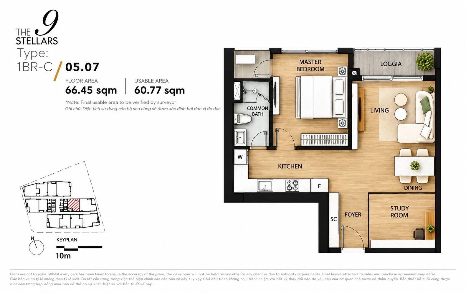 Bản vẽ thiết kế mặt bằng căn hộ 1 phòng ngủ 1BR-C dự án The 9 Stellars