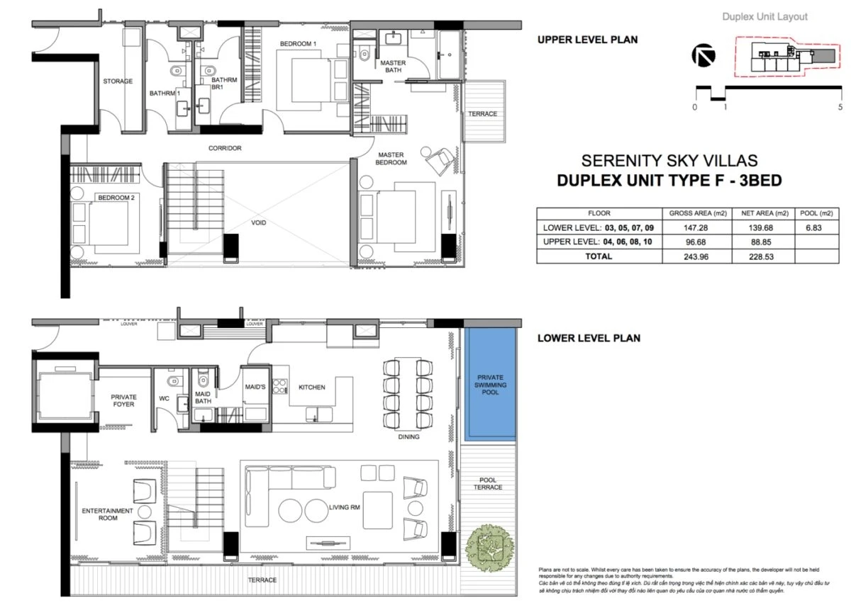 Sơ đồ mặt bằng căn hộ Duplex 3 phòng ngủ loại F tại Serenity Sky Villas
