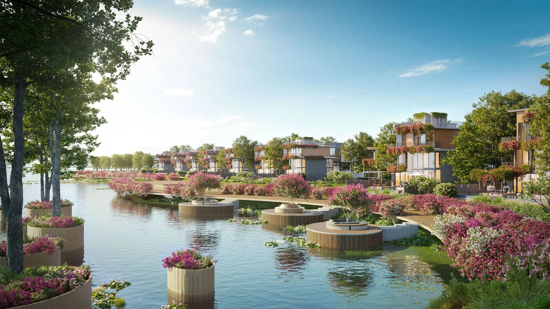 Những bồn hoa nổi trên mặt nước tại dự án Eco Village Saigon River