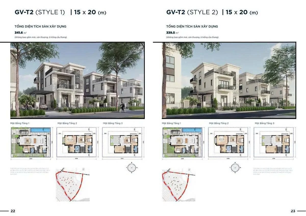 Bản vẽ mặt bằng tầng và phối cảnh biệt thự GV-T2 Style 1 và 2 diện tích 15x20m tại phân khu Ever Green 1 Aqua City.