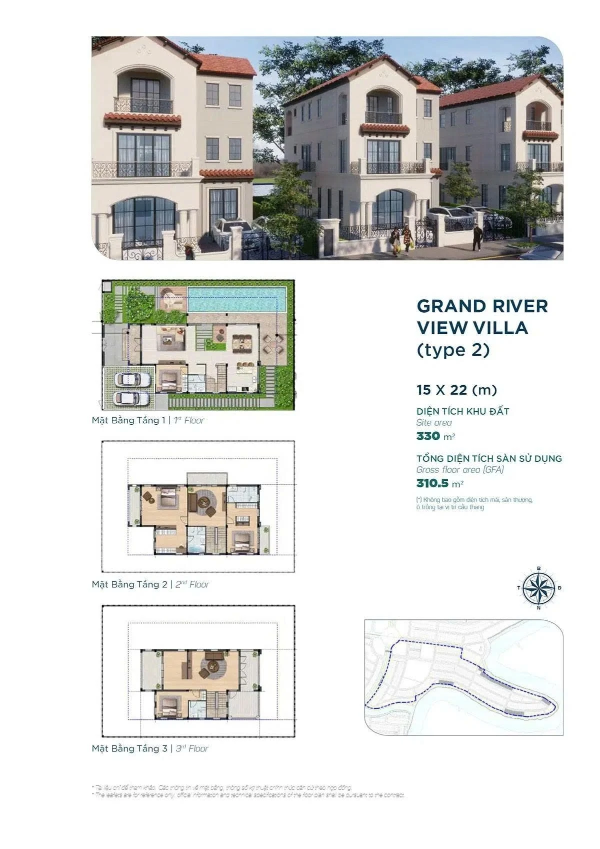 Layout thiết kế biệt thự Grand River View Villa Type 2 diện tích 15x22m tại Ever Green 3